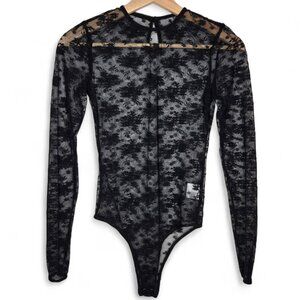 Hello Molly Sheer Floral Lace Bodysuit Women's Black Long Sleeve See Through XS